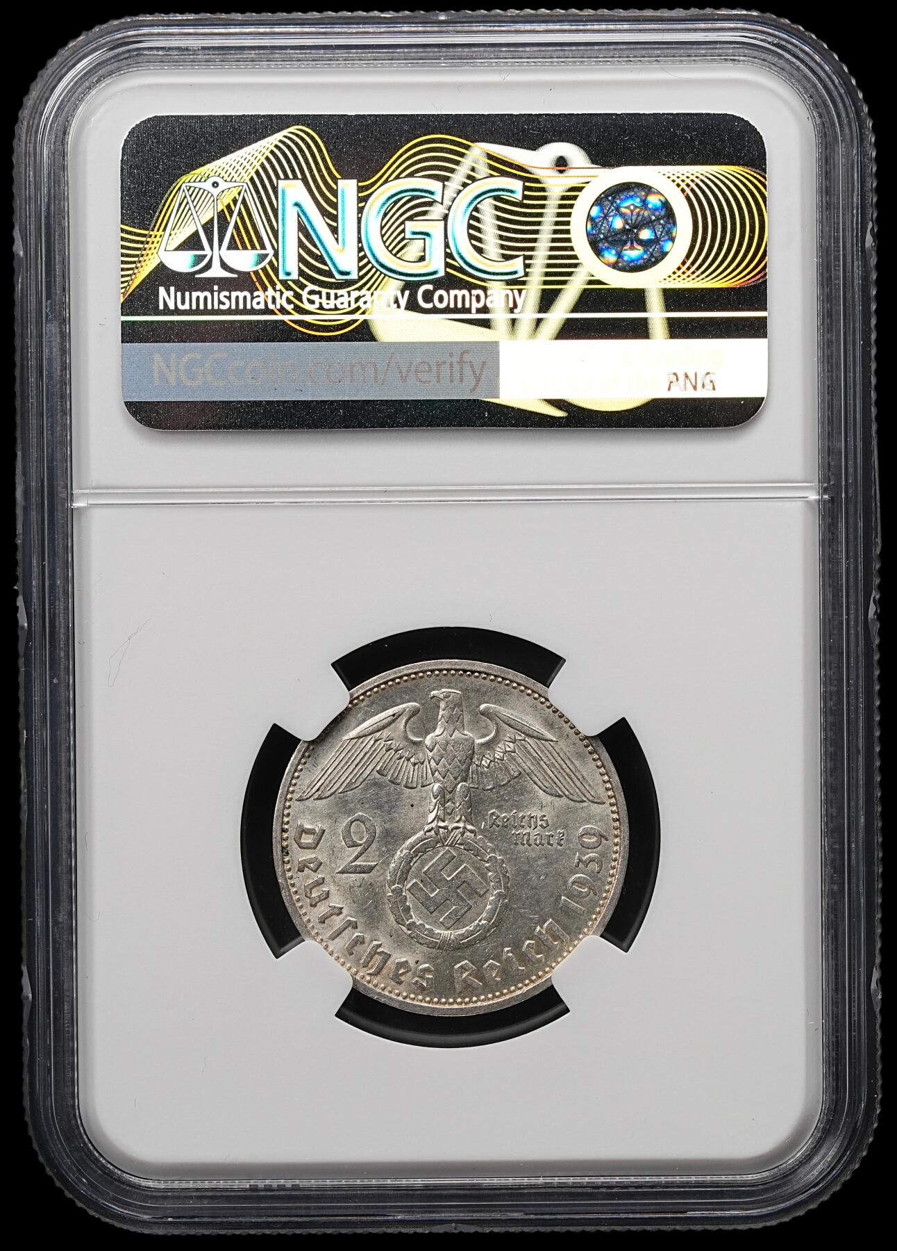 修遠堂世界钱币第107期 NGC MS63 1939年德国兴登堡2马克银币，F厂铭
