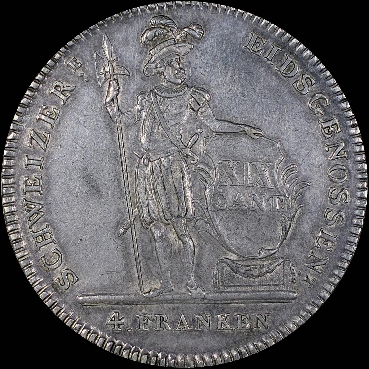 【雨安】【直播拍卖】【第0127期-裸币套币】2026-03-13 周五 19:30 (金价1140, 银价21.50) [裸币各国] Switzerland 瑞士 Luzern卢塞恩 4法郎 KM#0109 (1813-1814) 1813年 原味欧洲老包浆