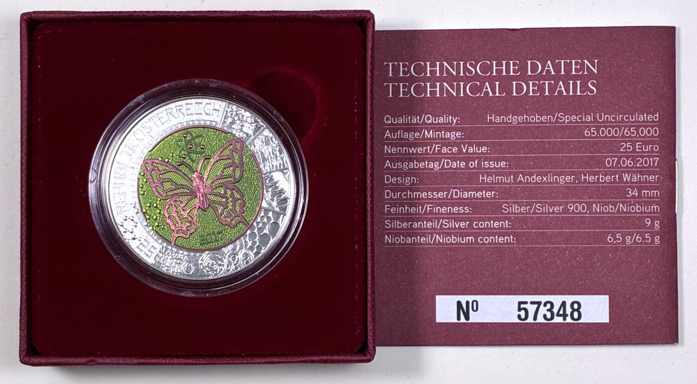 【雨安】【直播拍卖】【第0127期-裸币套币】2026-03-13 周五 19:30 (金价1140, 银价21.50) [现代装帧] Austria 欧元 奥地利 25欧元 2017年 微观世界 铌芯银币