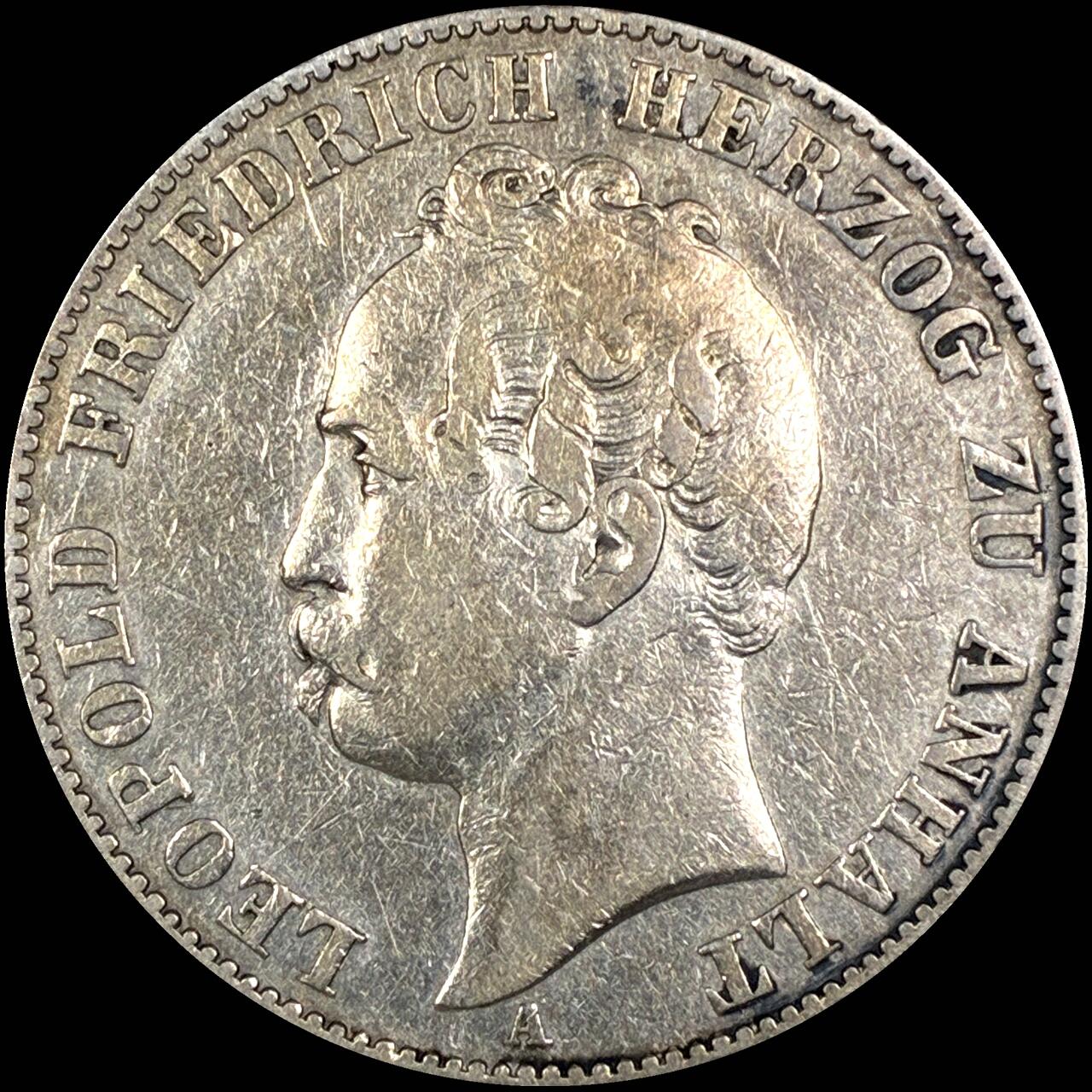 【雨安】【直播拍卖】【第0127期-裸币套币】2026-03-13 周五 19:30 (金价1140, 银价21.50) [裸币德国] Germany 德国 德意志 1泰勒 Anhalt-Dessau安哈特 Thun.009 KM#0014 (1858) 双熊 1858年