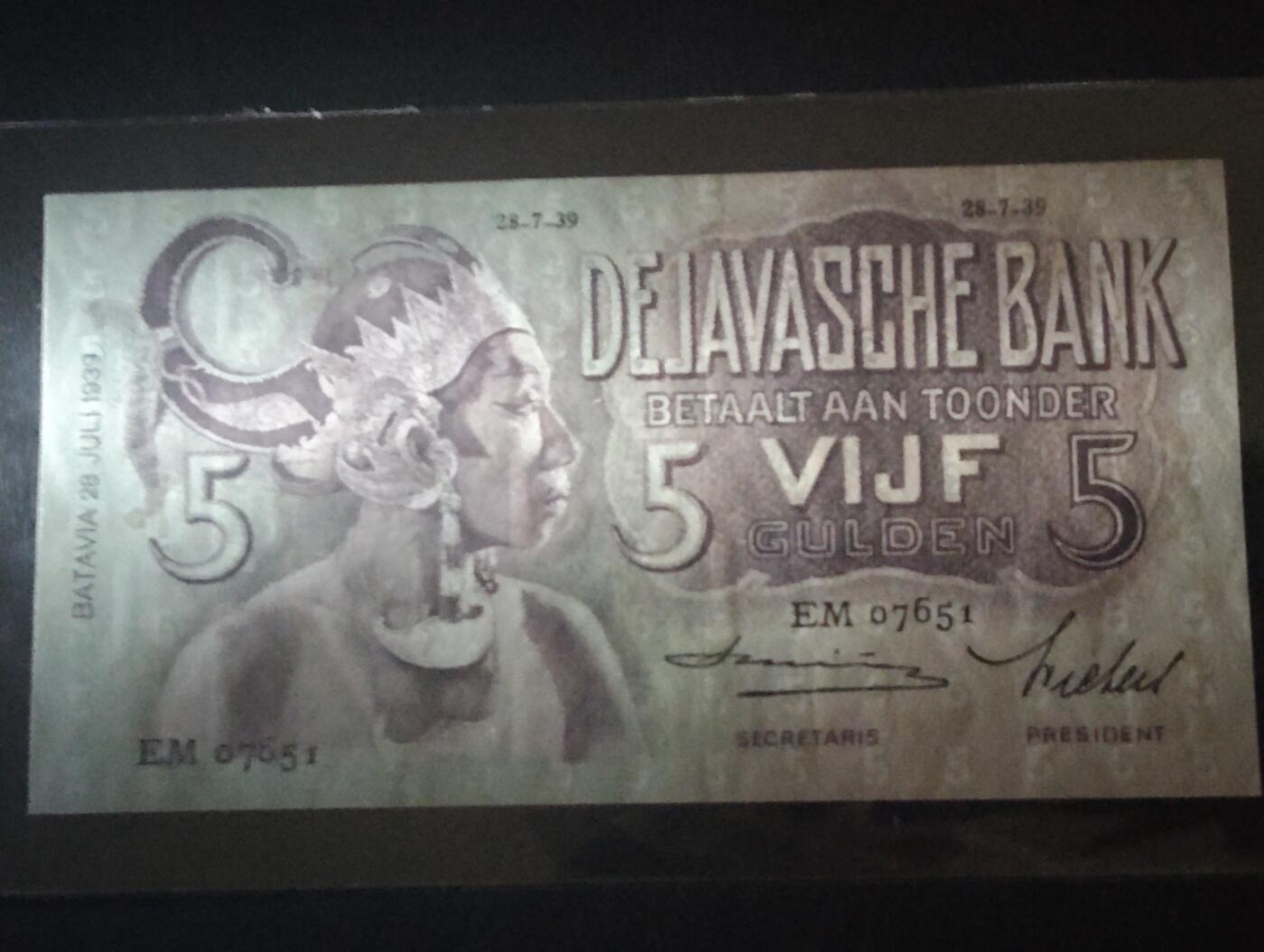 2026三月第二期，总219期 荷属东印度（现印度尼西亚）1939年5盾UNC-千位号，民族舞蹈和四文告示