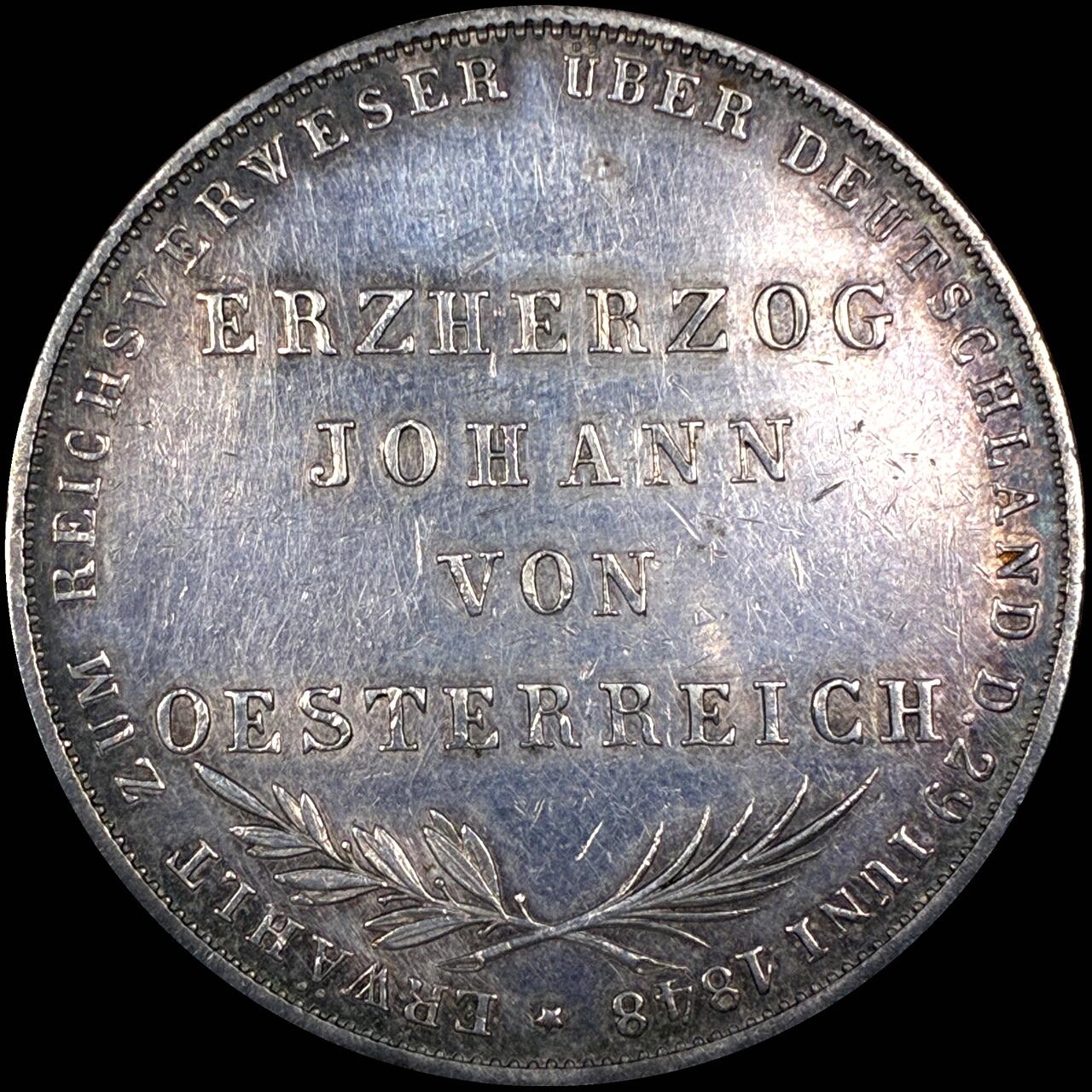 【雨安】【直播拍卖】【第0127期-裸币套币】2026-03-13 周五 19:30 (金价1140, 银价21.50) [裸币德国] Germany 德国 德意志 2盾 Frankfurt法兰克福 Thun.135 KM#0338 (1848) 奥地利大公 1848年