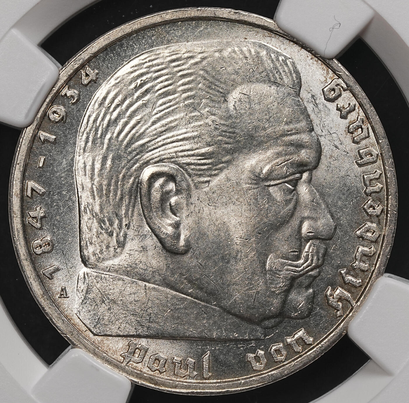 修遠堂世界钱币第107期 NGC MS64 1939年兴登堡5马克银币，A厂铭