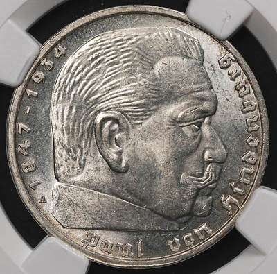 修遠堂世界钱币第107期 - NGC MS64 1939年兴登堡5马克银币，A厂铭