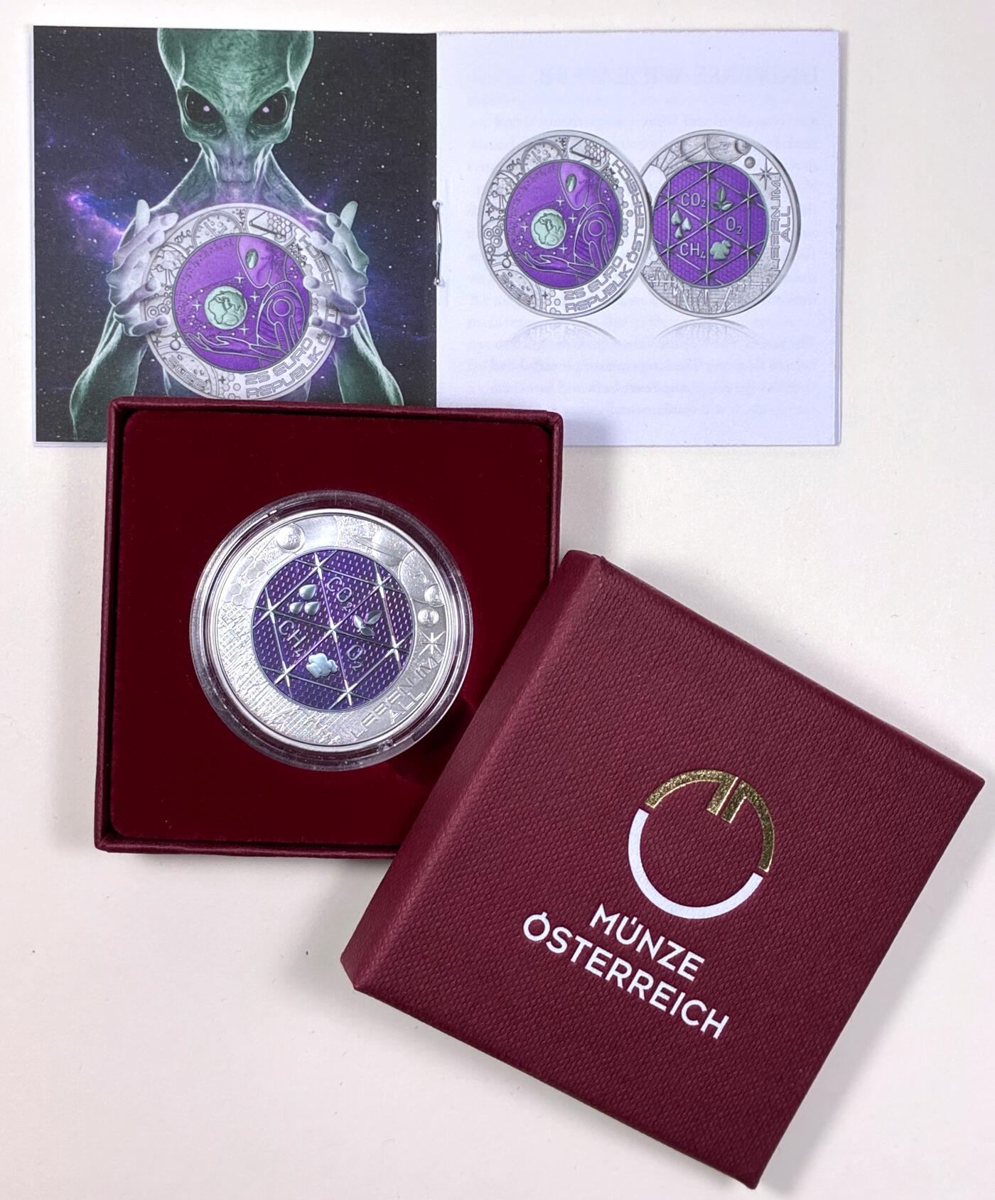 【雨安】【直播拍卖】【第0127期-裸币套币】2026-03-13 周五 19:30 (金价1140, 银价21.50) [现代装帧] Austria 欧元 奥地利 25欧元 2022年 外星生命 铌芯银币