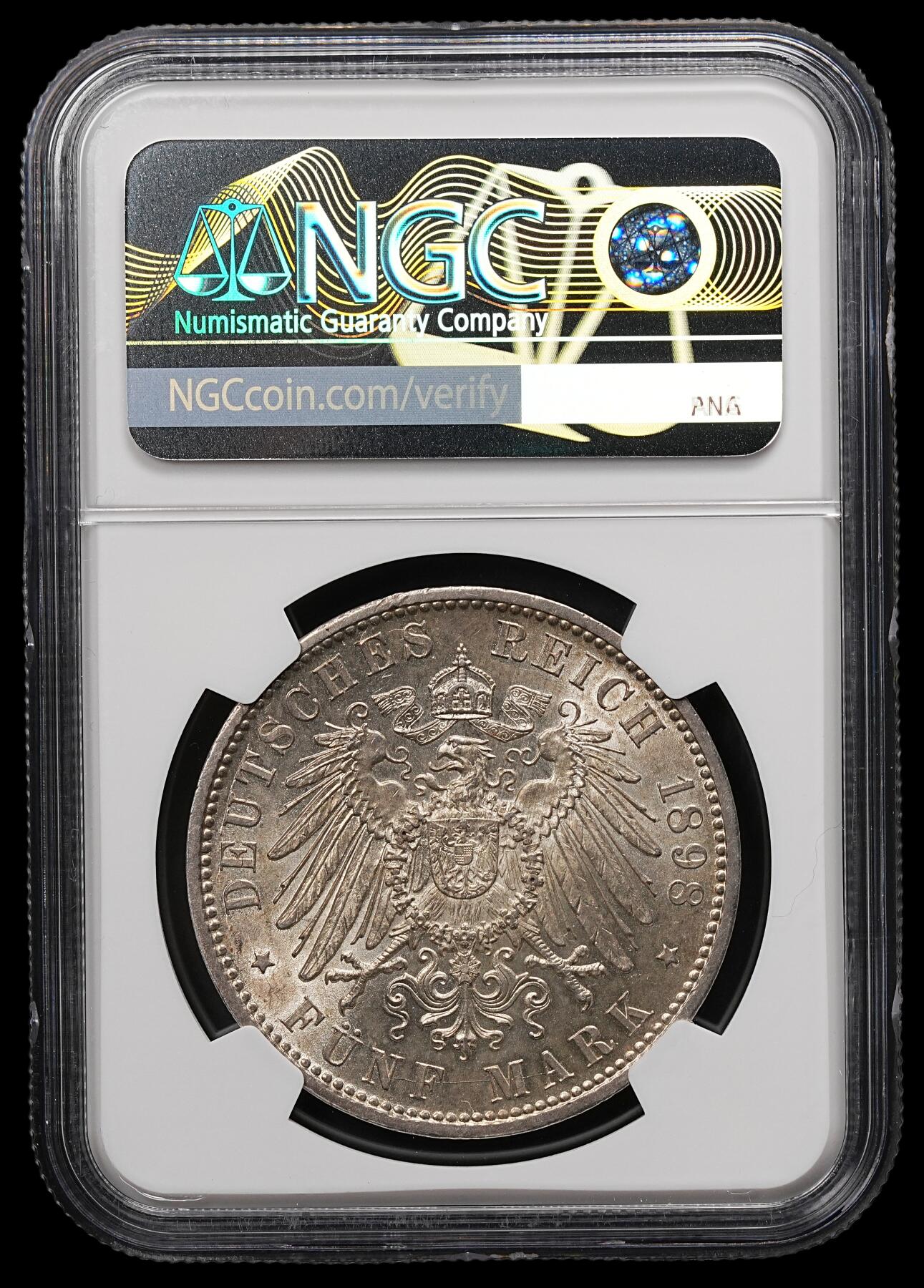 修遠堂世界钱币第107期 NGC MS62 1898年巴伐利亚5马克银币，少见的早期年份，有分不易