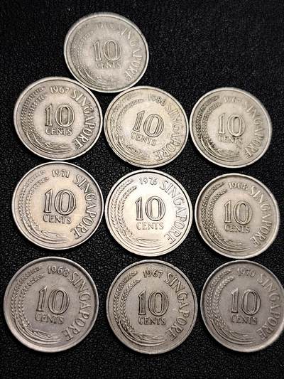 泉币菌-第208场-拍品多 请提前出价 - 10枚高币值一组 新加坡10仙镍币海马 混合年份未挑