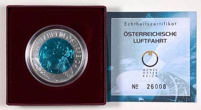 【雨安】【直播拍卖】【第0127期-裸币套币】2026-03-13 周五 19:30 (金价1140, 银价21.50) - [现代装帧] Austria 欧元 奥地利 25欧元 2007年 欧洲航空先驱 铌芯银币