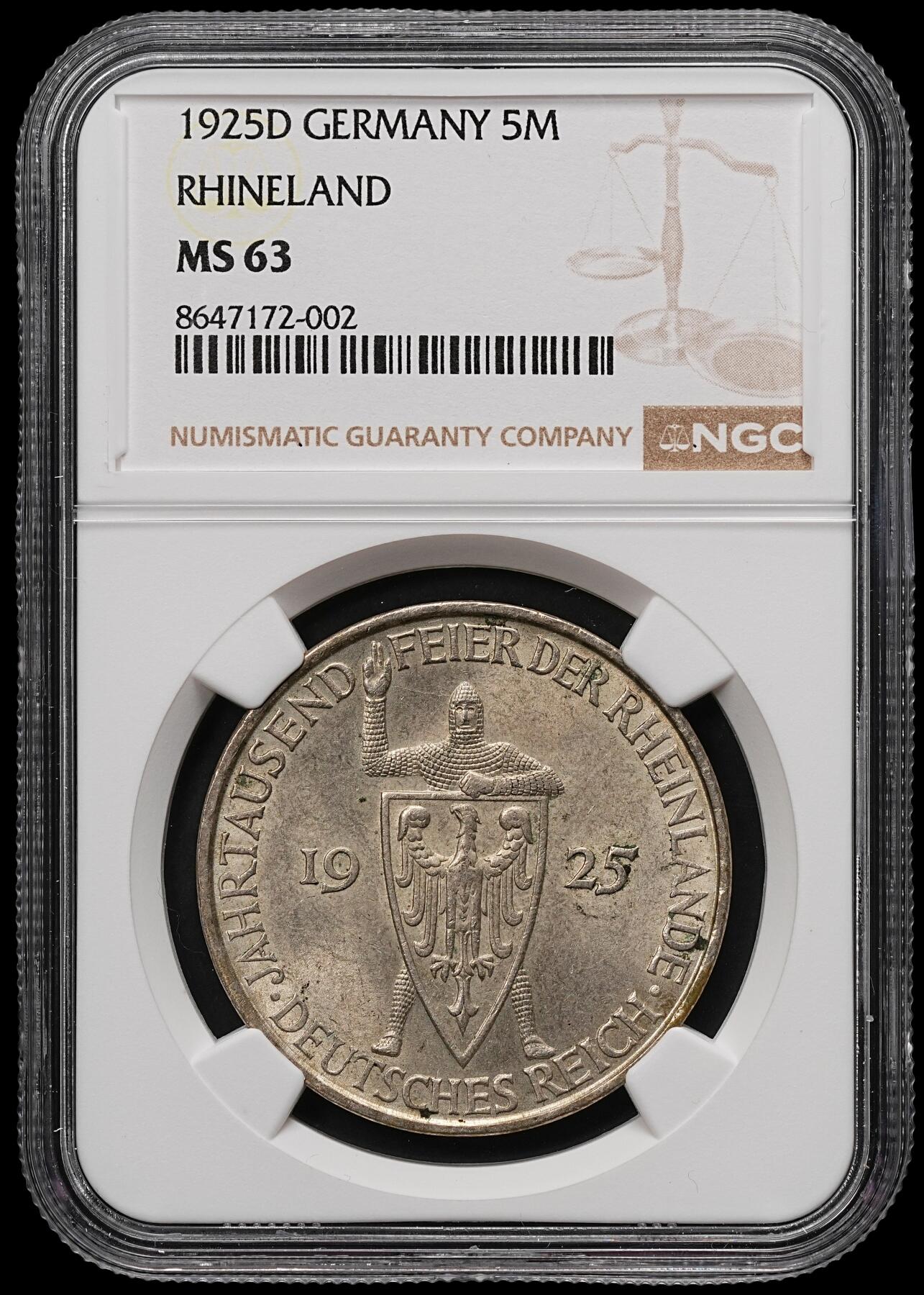 修遠堂世界钱币第107期 NGC MS63 1925年德国魏玛政府-莱茵兰千年纪念5马克银币，D厂铭
