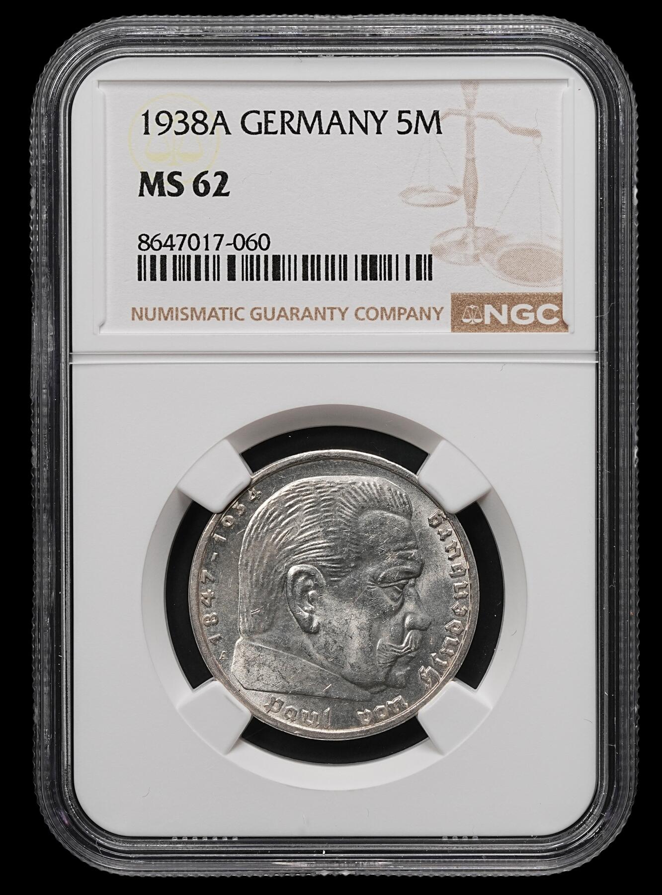 修遠堂世界钱币第107期 NGC MS62 1938年兴登堡5马克银币，A厂铭
