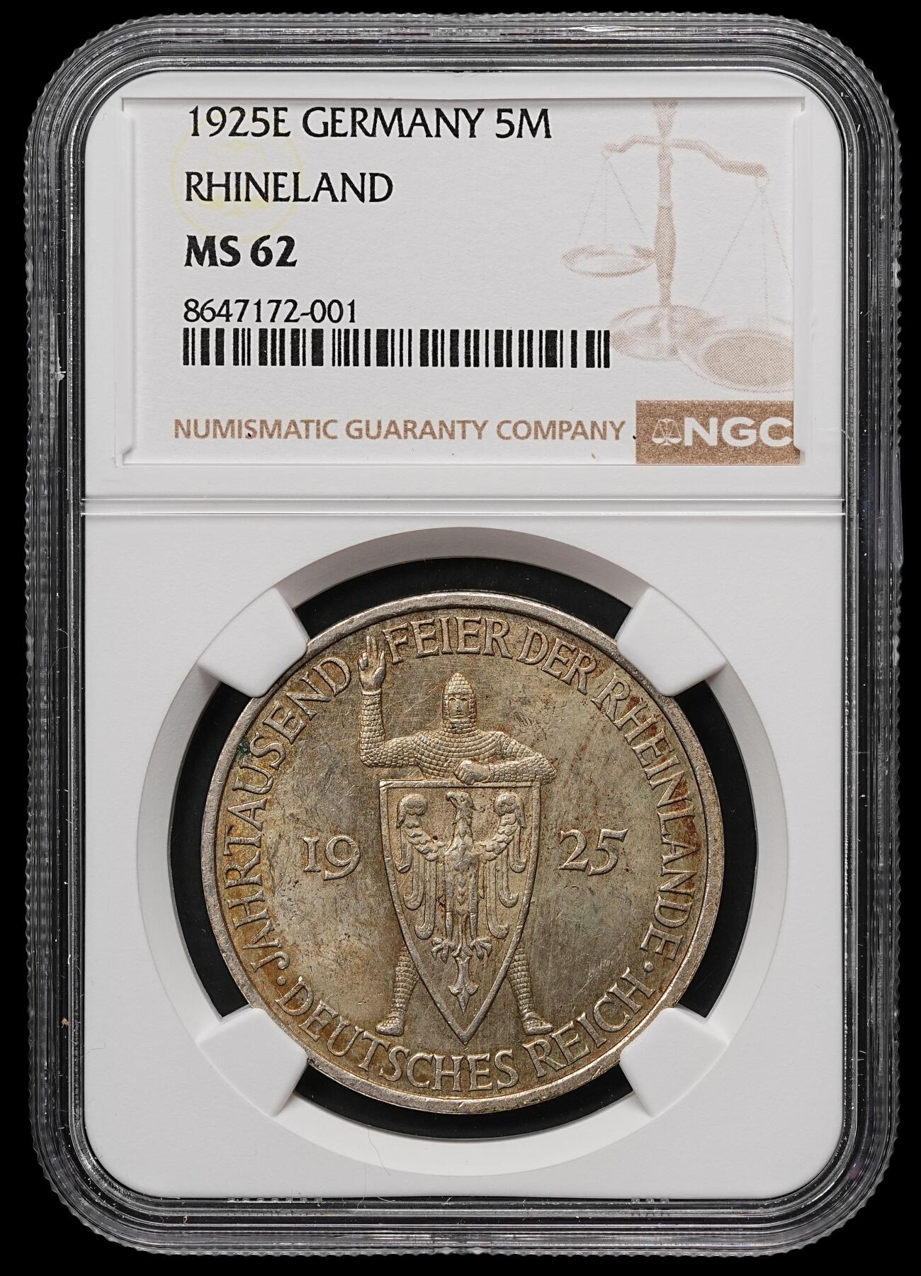 修遠堂世界钱币第107期 NGC MS62 1925年德国魏玛政府-莱茵兰千年纪念5马克银币，E厂铭