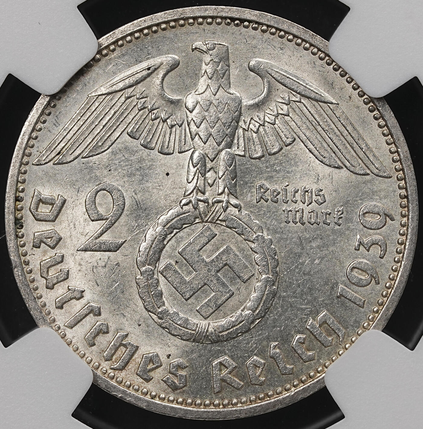 修遠堂世界钱币第107期 NGC MS63 1939年德国兴登堡2马克银币，F厂铭