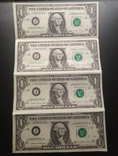 2026三月第二期，总219期 - 美国1988年版密苏里州堪萨斯城印刷1元四连体钞尾三同992 品相如图 折叠发货