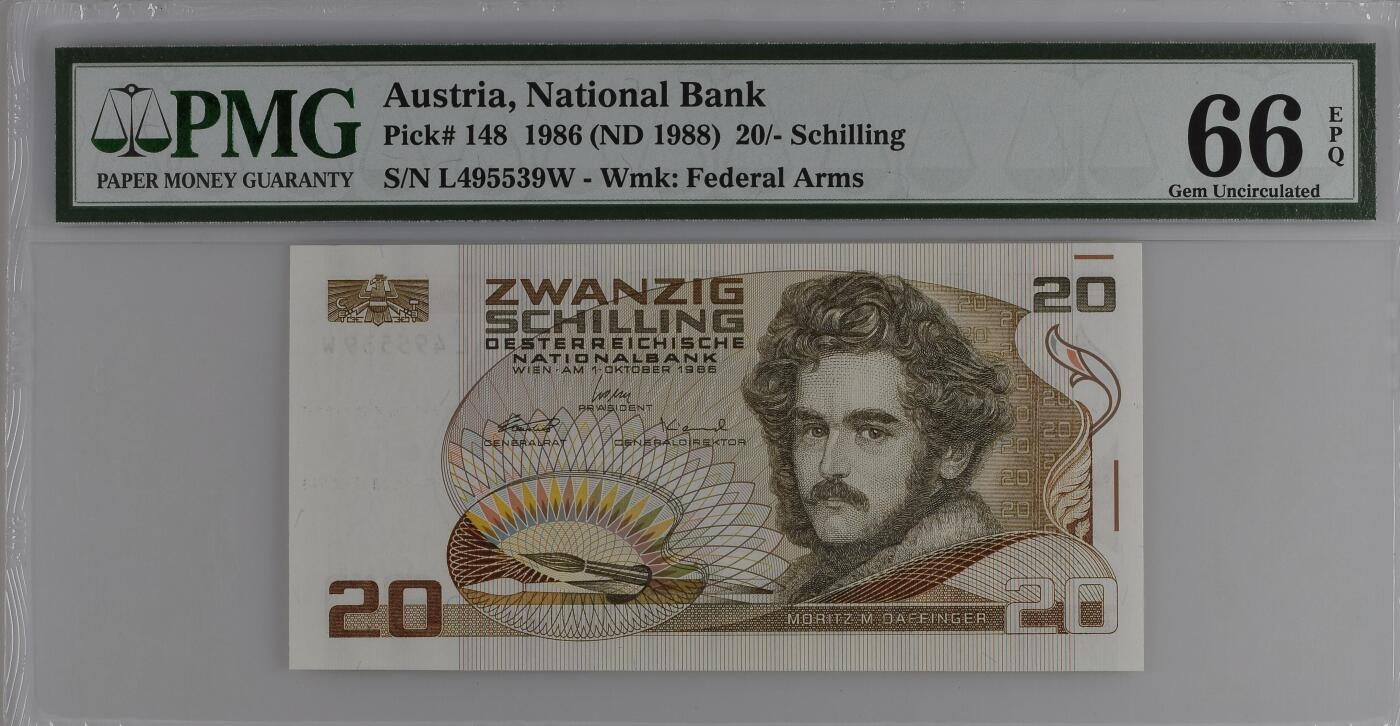 《艾美收藏》第236期-3.15周日外币畅拍 奥地利1986年20先令PMG66E 画家雕刻家达芬格尔，维也纳阿尔贝蒂娜博物馆