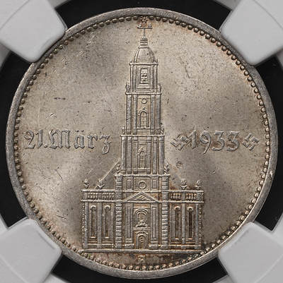 修遠堂世界钱币第107期 - NGC MS63 1934年德国教堂5马克银币，少见加字版，A厂铭