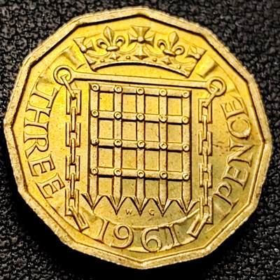 泉币菌-第209场-拍品多 请提前出价 - 原铜光极美 1961年 英国女王3便士硬币 伊丽莎白二世 21mm 多边形币