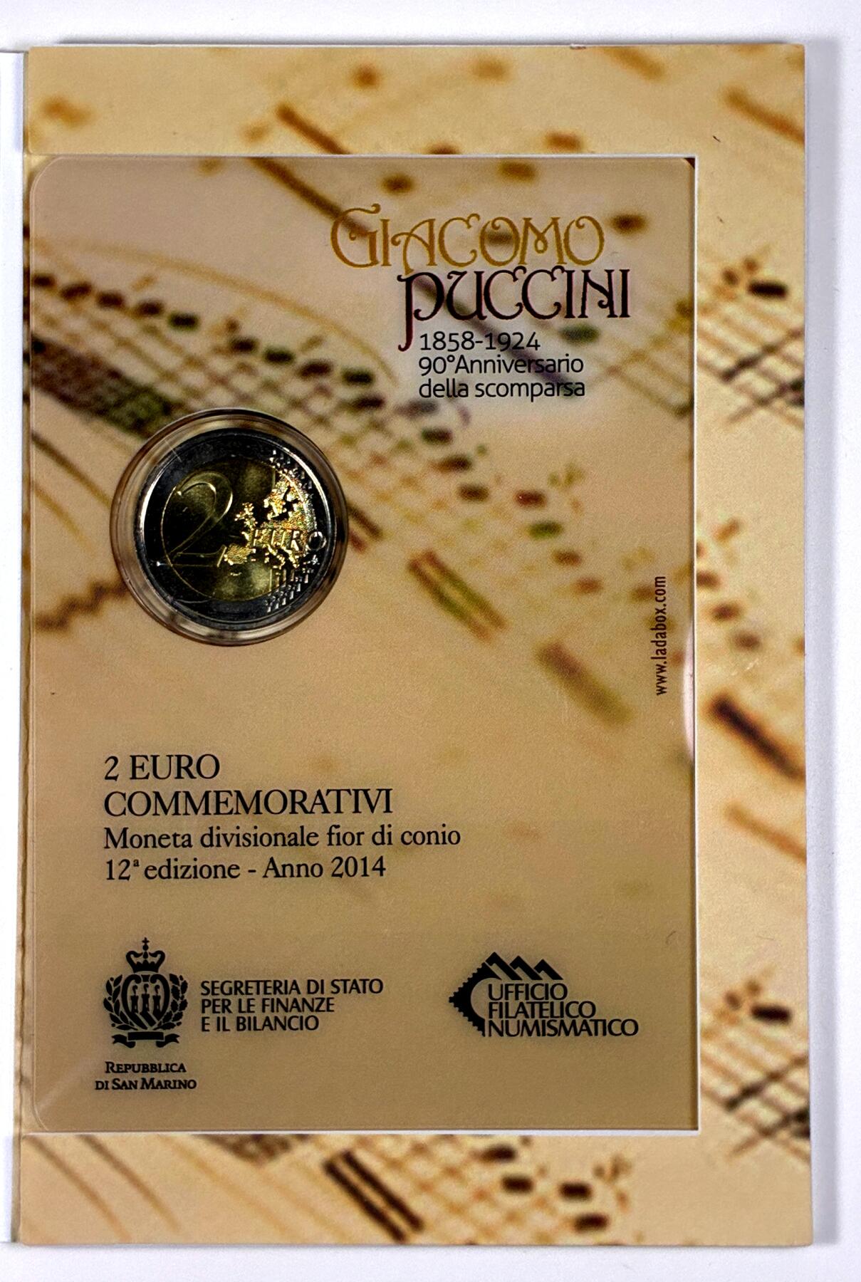 【雨安】【直播拍卖】【第0127期-裸币套币】2026-03-13 周五 19:30 (金价1140, 银价21.50) [现代装帧] San Marino 欧元 圣马力诺 2欧元 2014年 普契尼逝世90周年