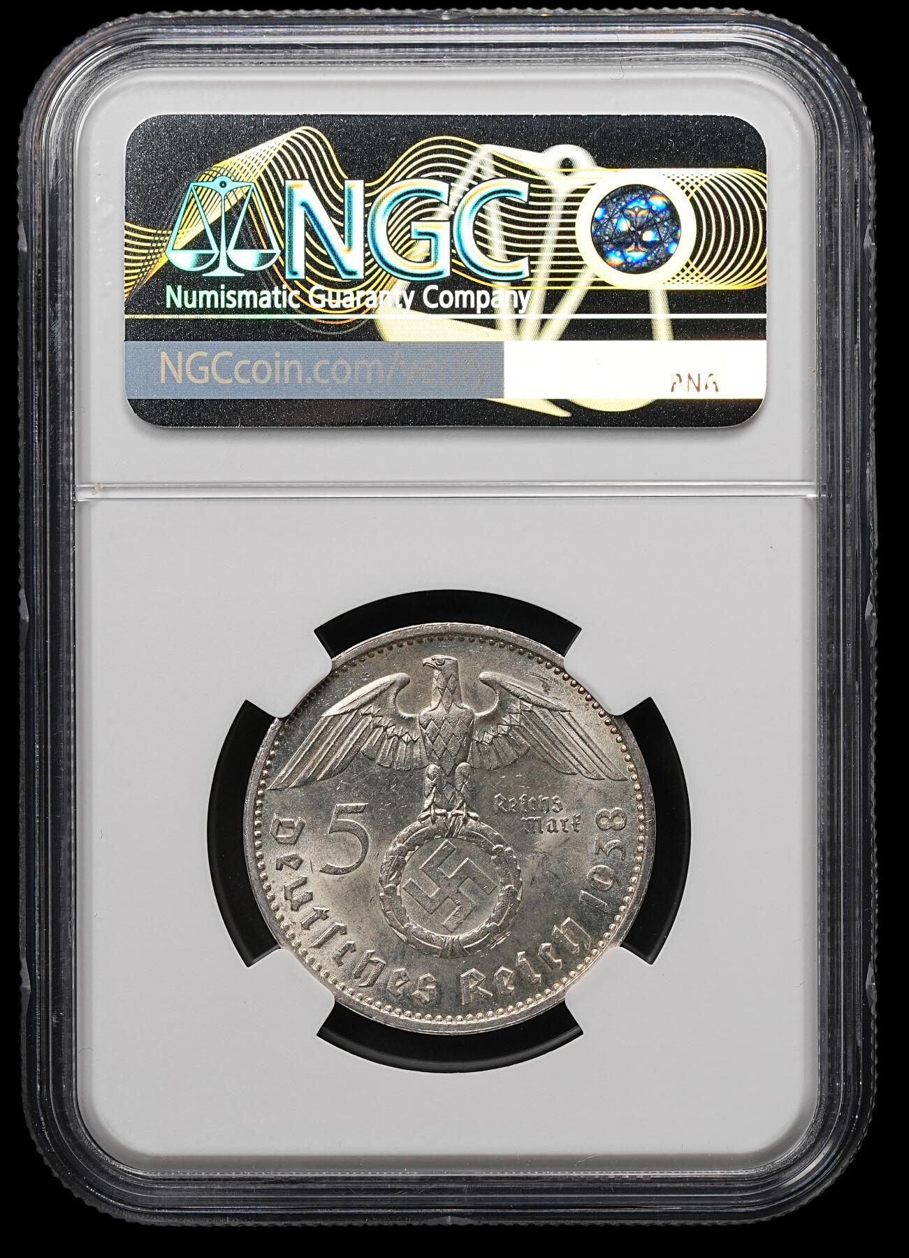 修遠堂世界钱币第107期 NGC MS62 1938年兴登堡5马克银币，A厂铭