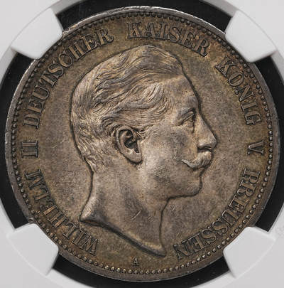 修遠堂世界钱币第107期 - NGC AU58 1895年普鲁士5马克银币，少见的早期年份，有分不易