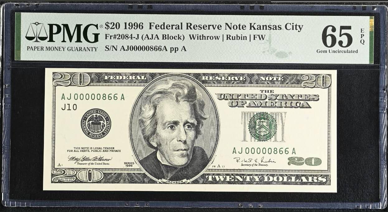 《艾美收藏》第236期-3.15周日外币畅拍 美国大头版1996年首发年份 稀少分区J堪萨斯城首发A冠 20美元PMG65E原票绝品 百位866号大开门大司令倒置号