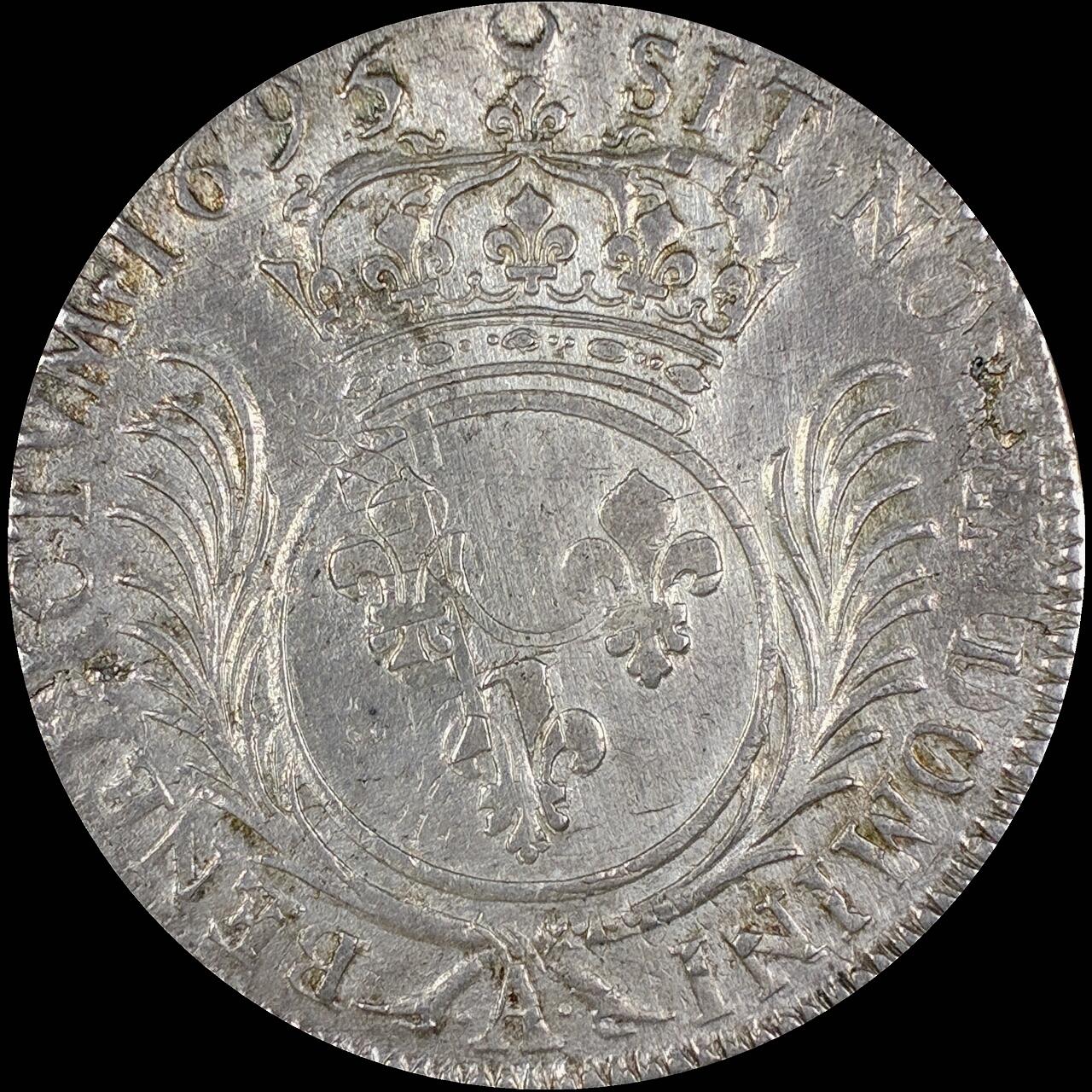 【雨安】【直播拍卖】【第0127期-裸币套币】2026-03-13 周五 19:30 (金价1140, 银价21.50) [裸币法国] France 法国 1埃居 KM#0298 (1693-1701) 路易十四 皇冠圆形纹章棕榈枝 1695年 带几代欧洲老藏家标签