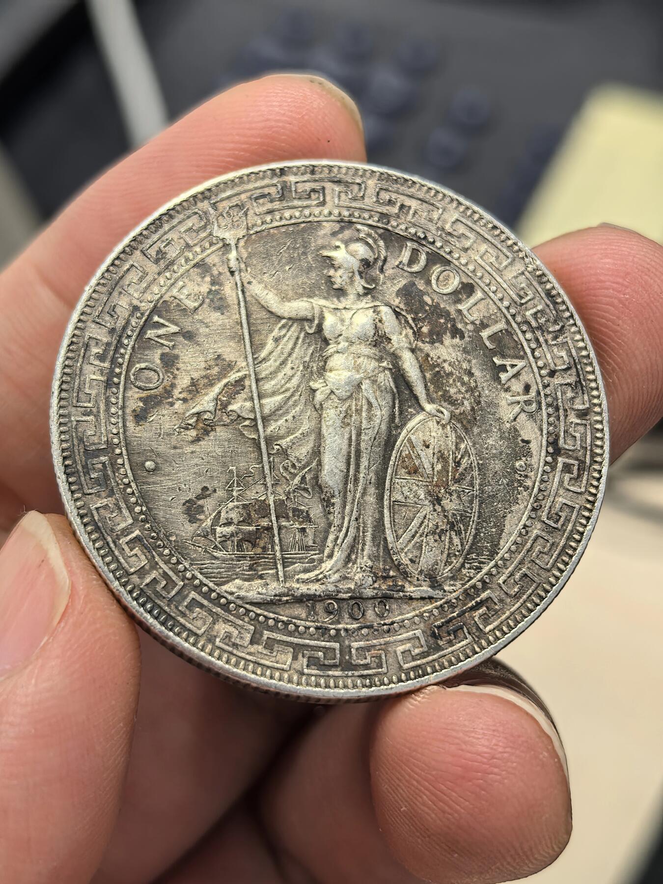 博洋堂世界钱币拍卖第164期（全场包邮） 英国贸易银1900年站洋 少见原味老包浆 酱彩味道十足