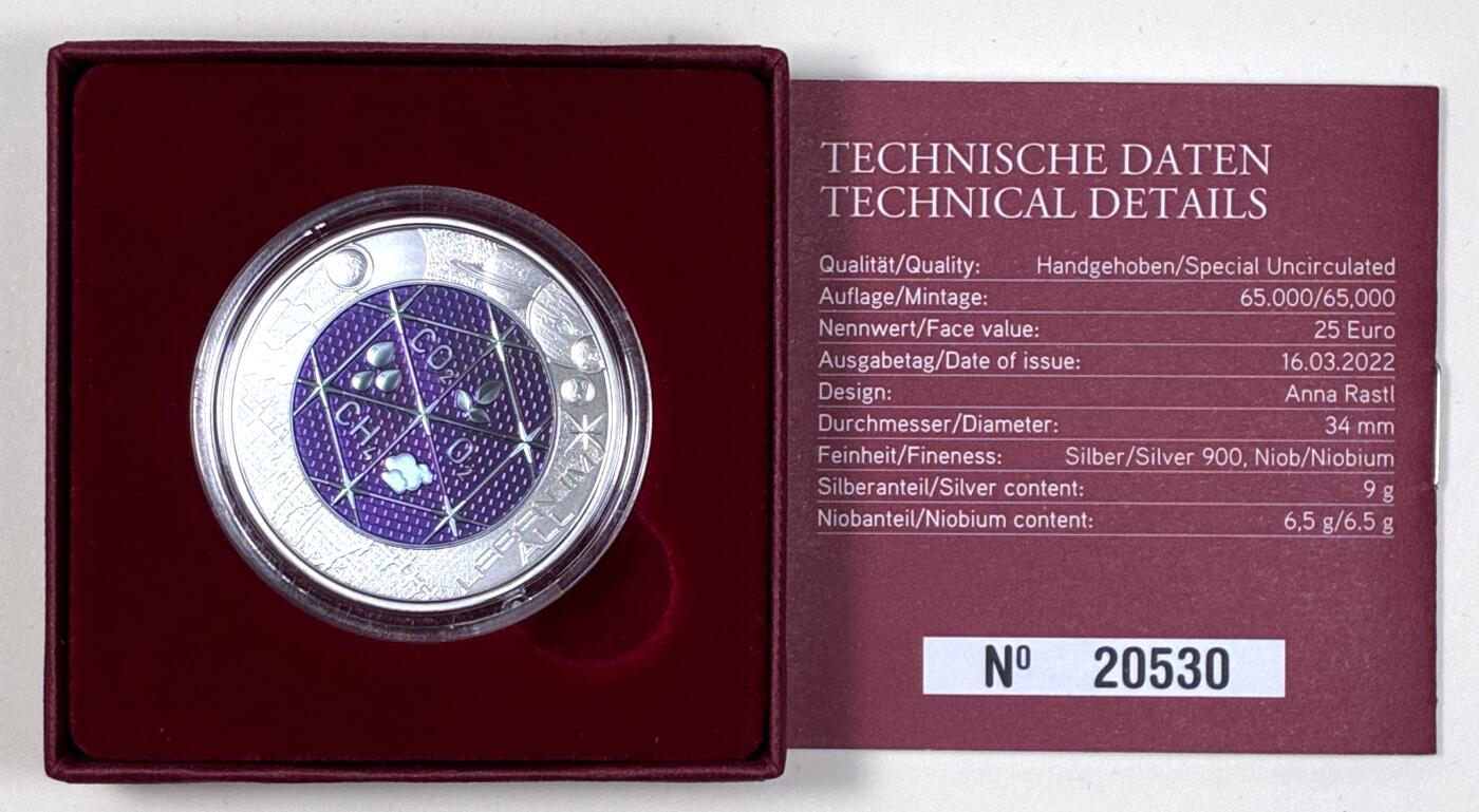 【雨安】【直播拍卖】【第0127期-裸币套币】2026-03-13 周五 19:30 (金价1140, 银价21.50) [现代装帧] Austria 欧元 奥地利 25欧元 2022年 外星生命 铌芯银币