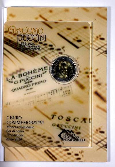 【雨安】【直播拍卖】【第0127期-裸币套币】2026-03-13 周五 19:30 (金价1140, 银价21.50) - [现代装帧] San Marino 欧元 圣马力诺 2欧元 2014年 普契尼逝世90周年