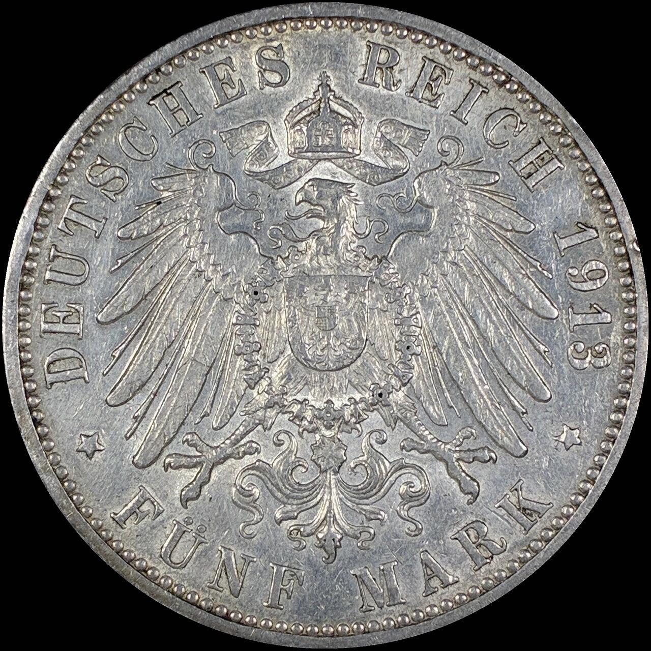 【雨安】【直播拍卖】【第0127期-裸币套币】2026-03-13 周五 19:30 (金价1140, 银价21.50) [裸币德国] Germany 德国 帝国 J.065 汉堡 5马克 (1891-1913) 双狮 1913年