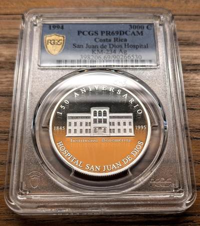凡希社世界钱币微拍第三百二十一期 - 1994哥斯达黎加圣胡安医院150周年纪念3000Col大银精铸PCGS-PF69DCAM