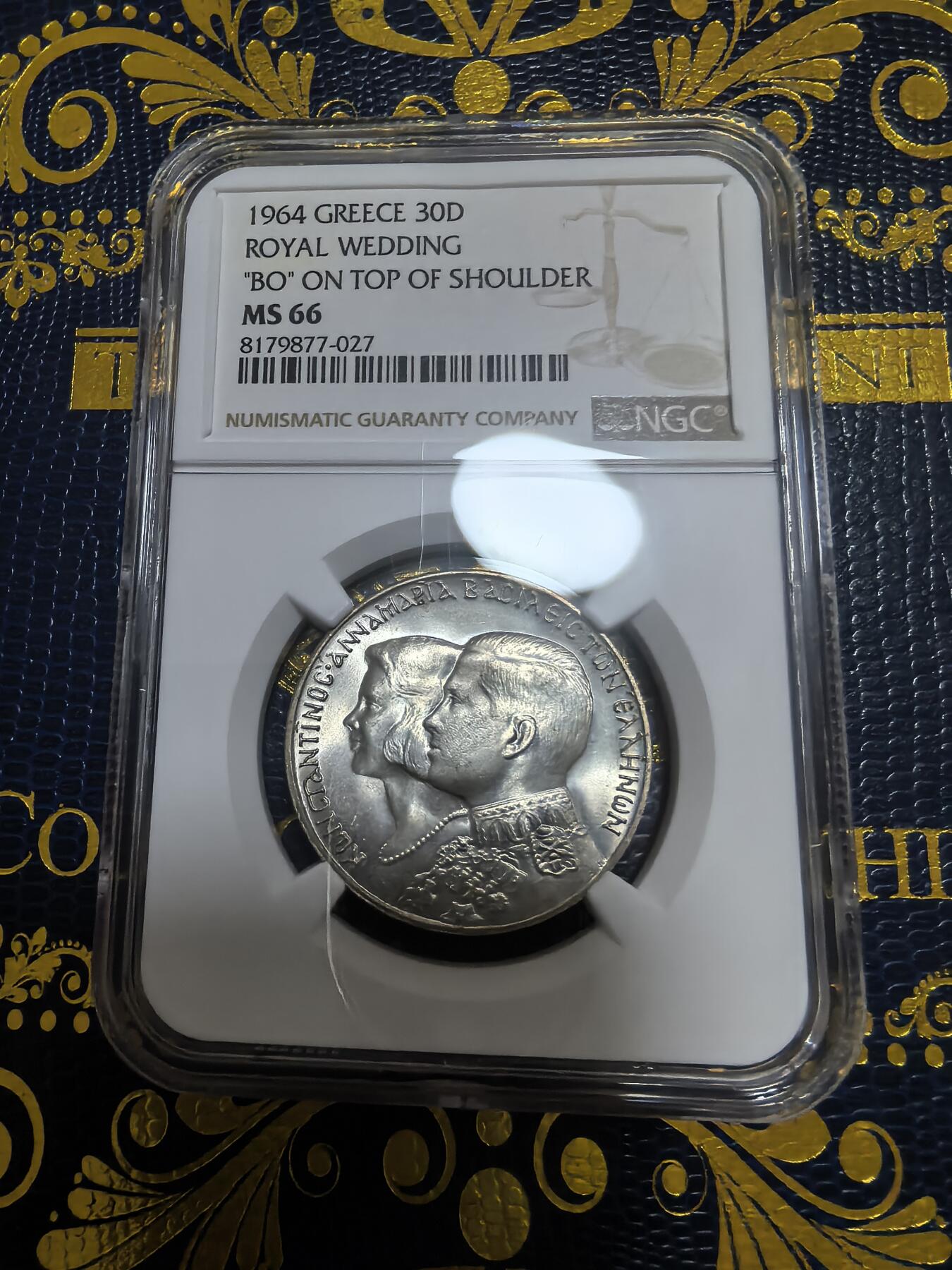 长老汇马年精选第九场拍卖 1964希腊皇家婚礼30德拉克马银币，NGC MS66，版别“BO”在肩膀上