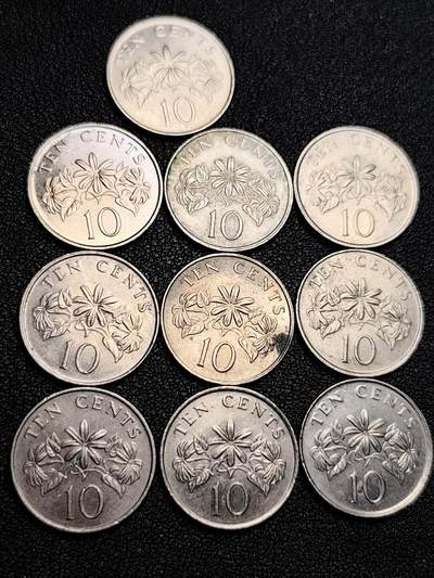 泉币菌-第208场-拍品多 请提前出价 - 10枚高币值一组 新加坡10仙镍币镍币 络石花混合年份未挑 