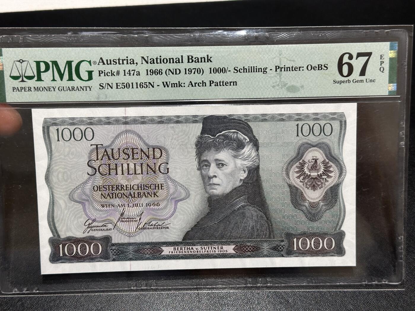 《外钞收藏家》第六百一十七期（精选场）（长期征集拍品、欢迎藏友们联系合作） 1966年奥地利1000先令 苏特那 PMG67 无47靓号