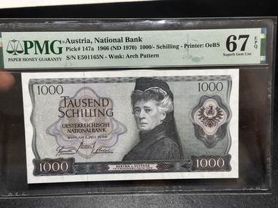 《外钞收藏家》第六百一十七期（精选场）（长期征集拍品、欢迎藏友们联系合作） - 1966年奥地利1000先令 苏特那 PMG67 无47靓号