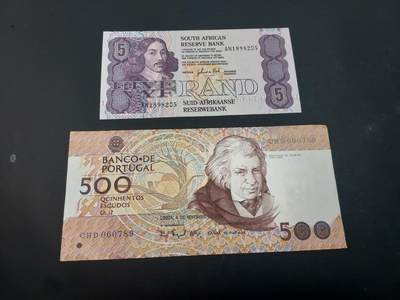 博彦收藏  AM 3月21日 8点钱币专场 全场包邮 - 南非5兰特、葡萄牙5000元 各一张 流通好品