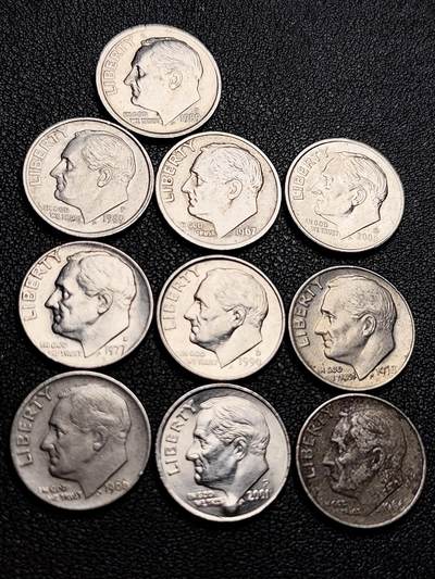 泉币菌-第208场-拍品多 请提前出价 - 10枚高币值一组 美国10美分镍币 罗斯福总统 混合年份未挑