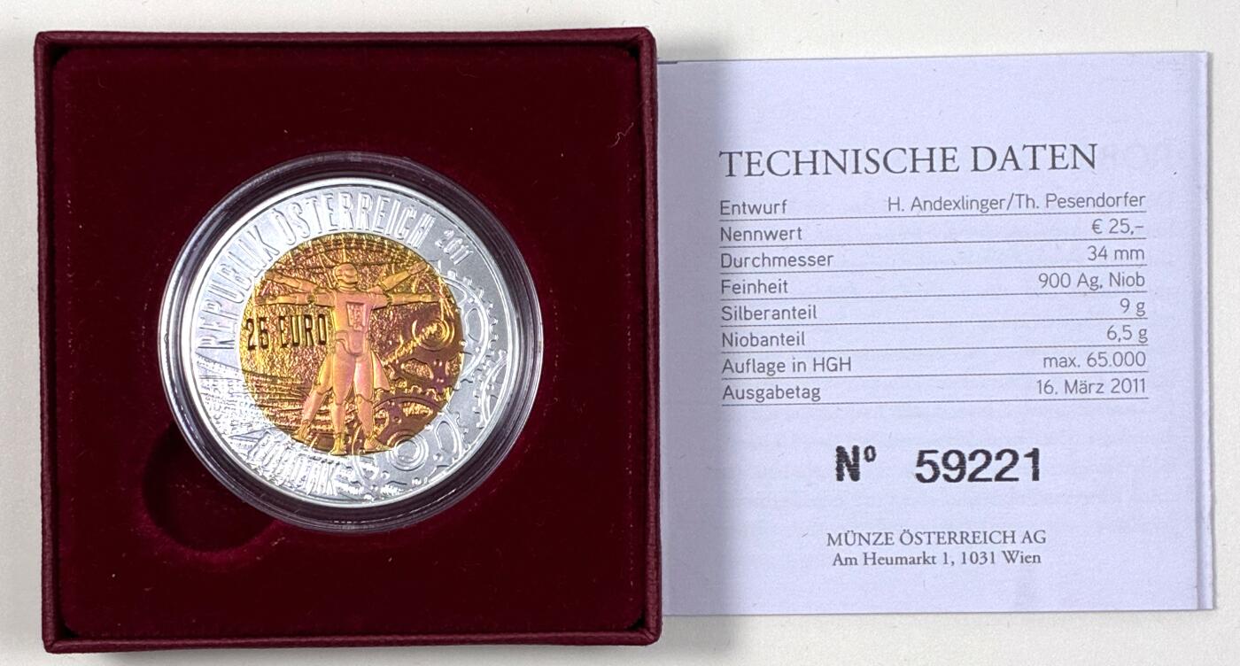 【雨安】【直播拍卖】【第0127期-裸币套币】2026-03-13 周五 19:30 (金价1140, 银价21.50) [现代装帧] Austria 欧元 奥地利 25欧元 2011年 机器人技术发展 铌芯银币