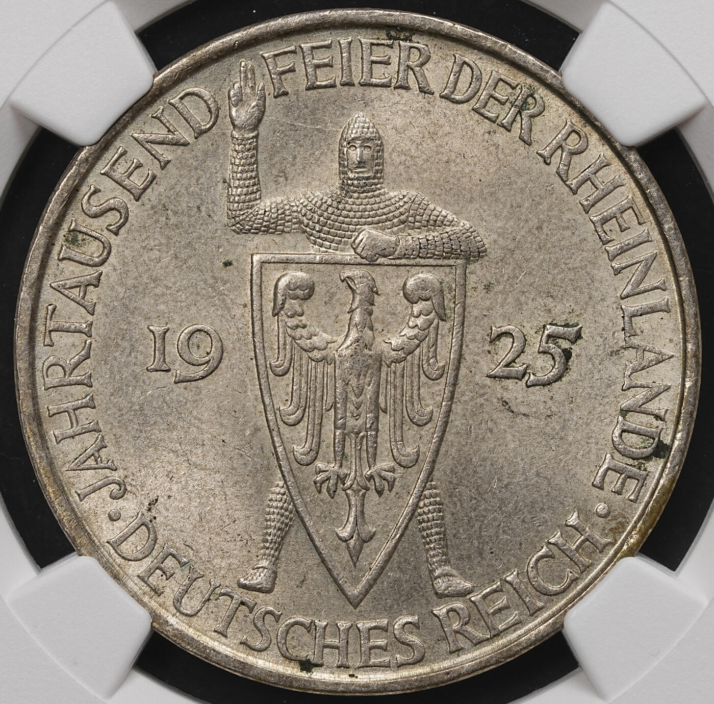 修遠堂世界钱币第107期 NGC MS63 1925年德国魏玛政府-莱茵兰千年纪念5马克银币，D厂铭