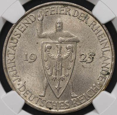 修遠堂世界钱币第107期 - NGC MS63 1925年德国魏玛政府-莱茵兰千年纪念5马克银币，D厂铭