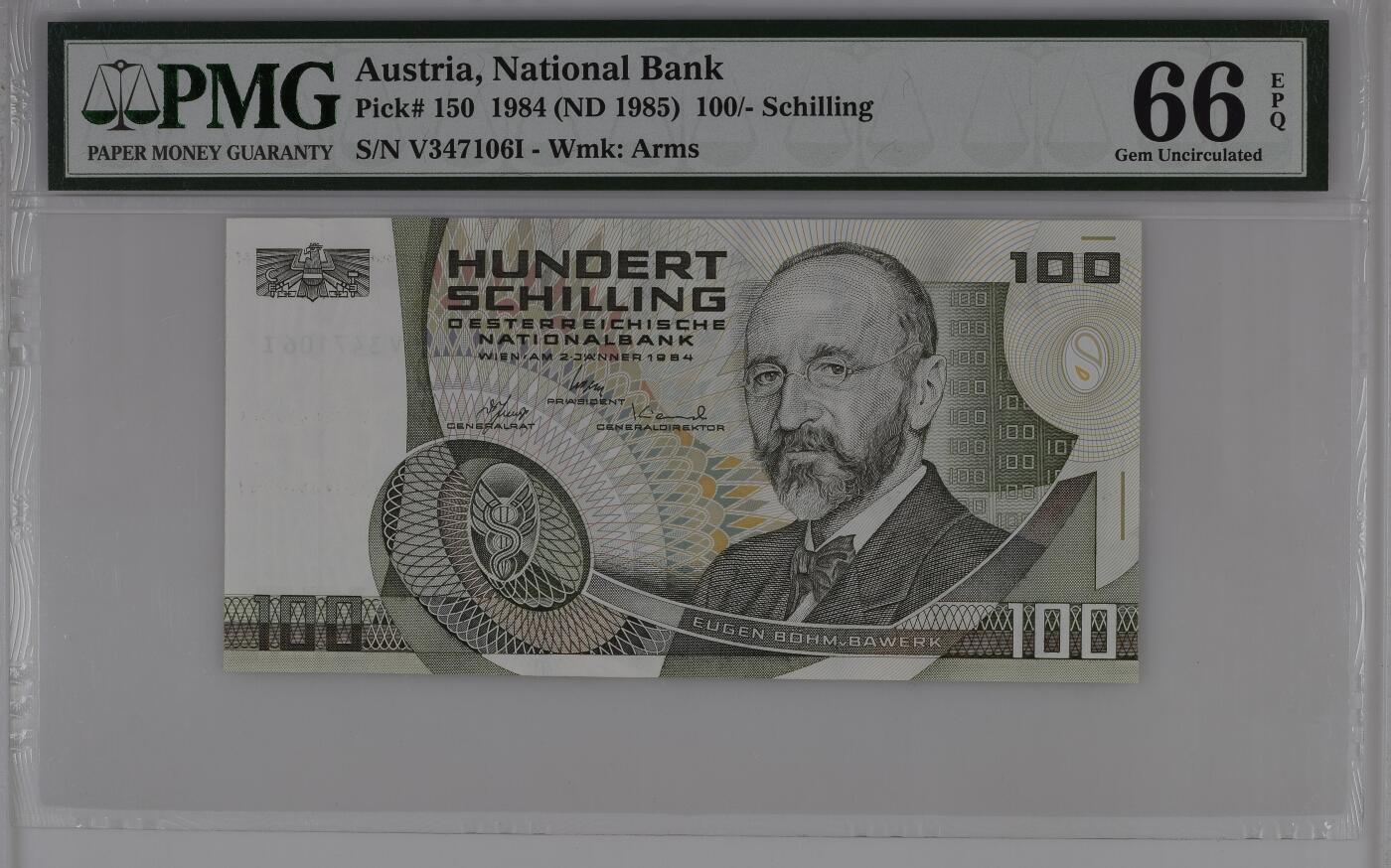 《艾美收藏》第236期-3.15周日外币畅拍 奥地利1985年100先令PMG66E 经济学家巴维克，奥地利科技专科学院