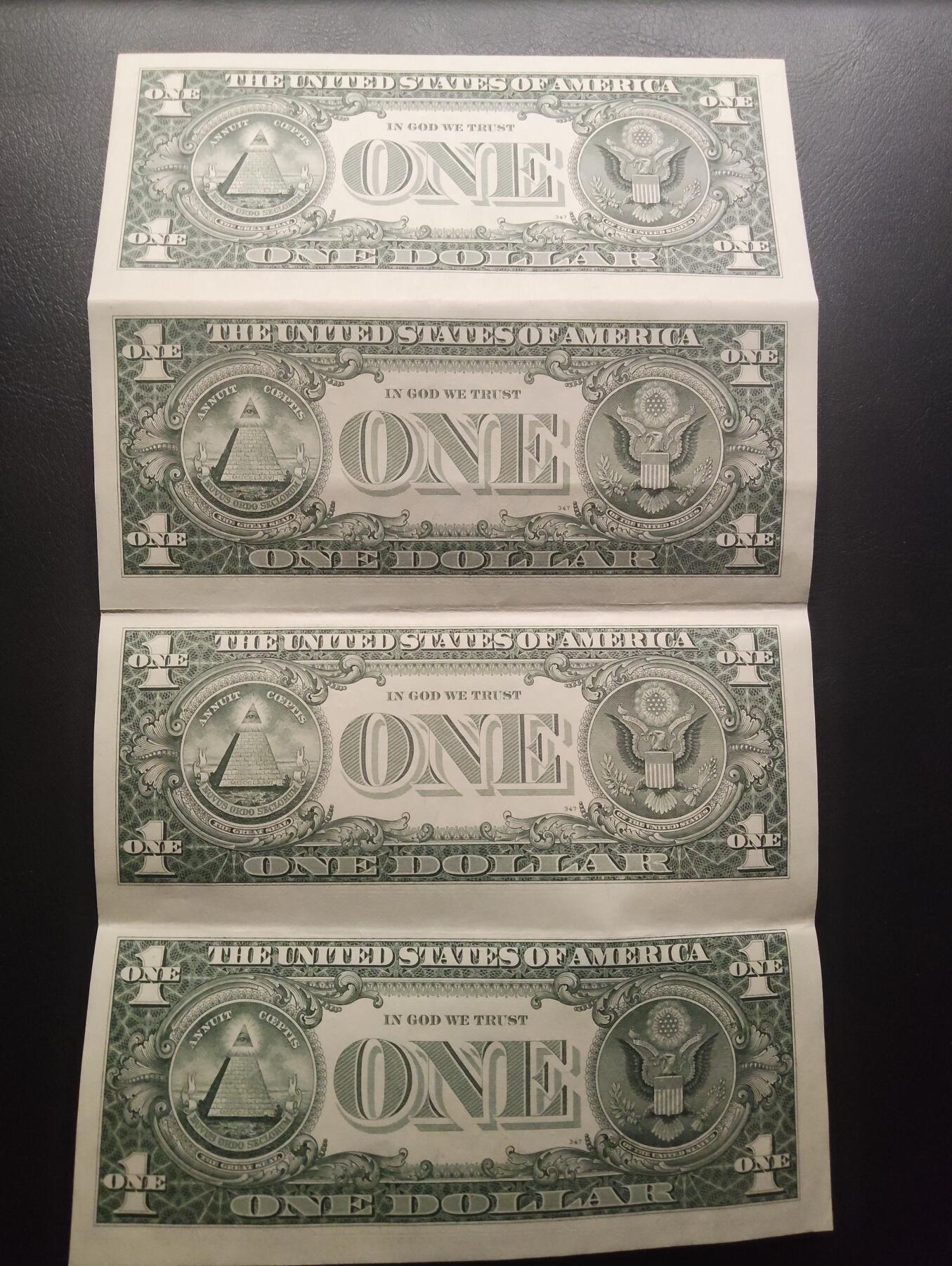 2026三月第二期，总219期 美国1988年版密苏里州堪萨斯城印刷1元四连体钞尾三同991 品相如图 折叠发货