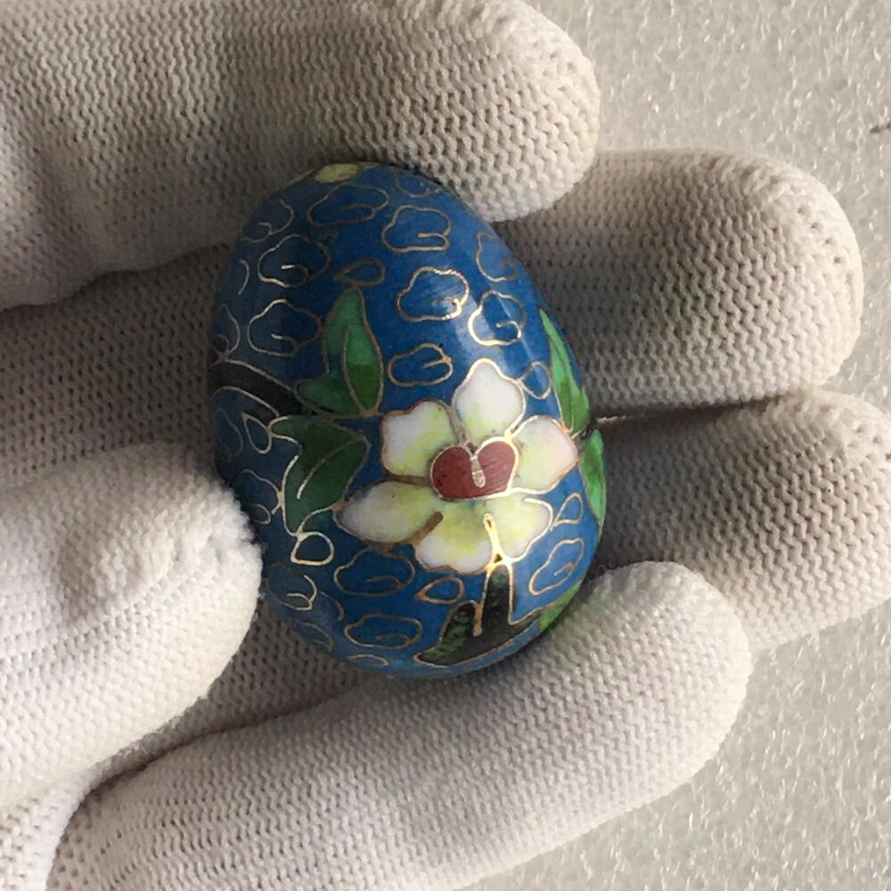         出口创汇时期二蓝色铜胎掐丝珐琅磨光景泰蓝吉祥如意鸡蛋小摆件美品1对2只真品如图摆件库存旧藏文玩艺术收藏