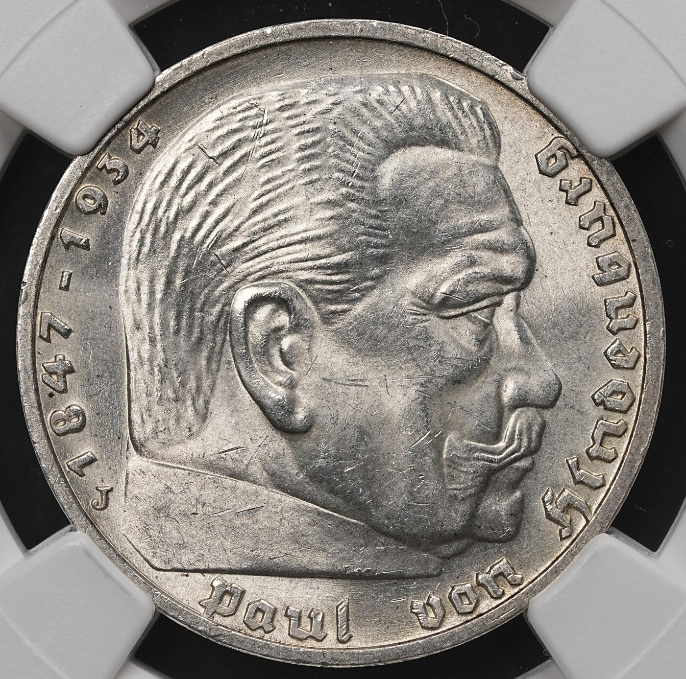 修遠堂世界钱币第107期 NGC MS63 1938年兴登堡5马克银币，J厂铭