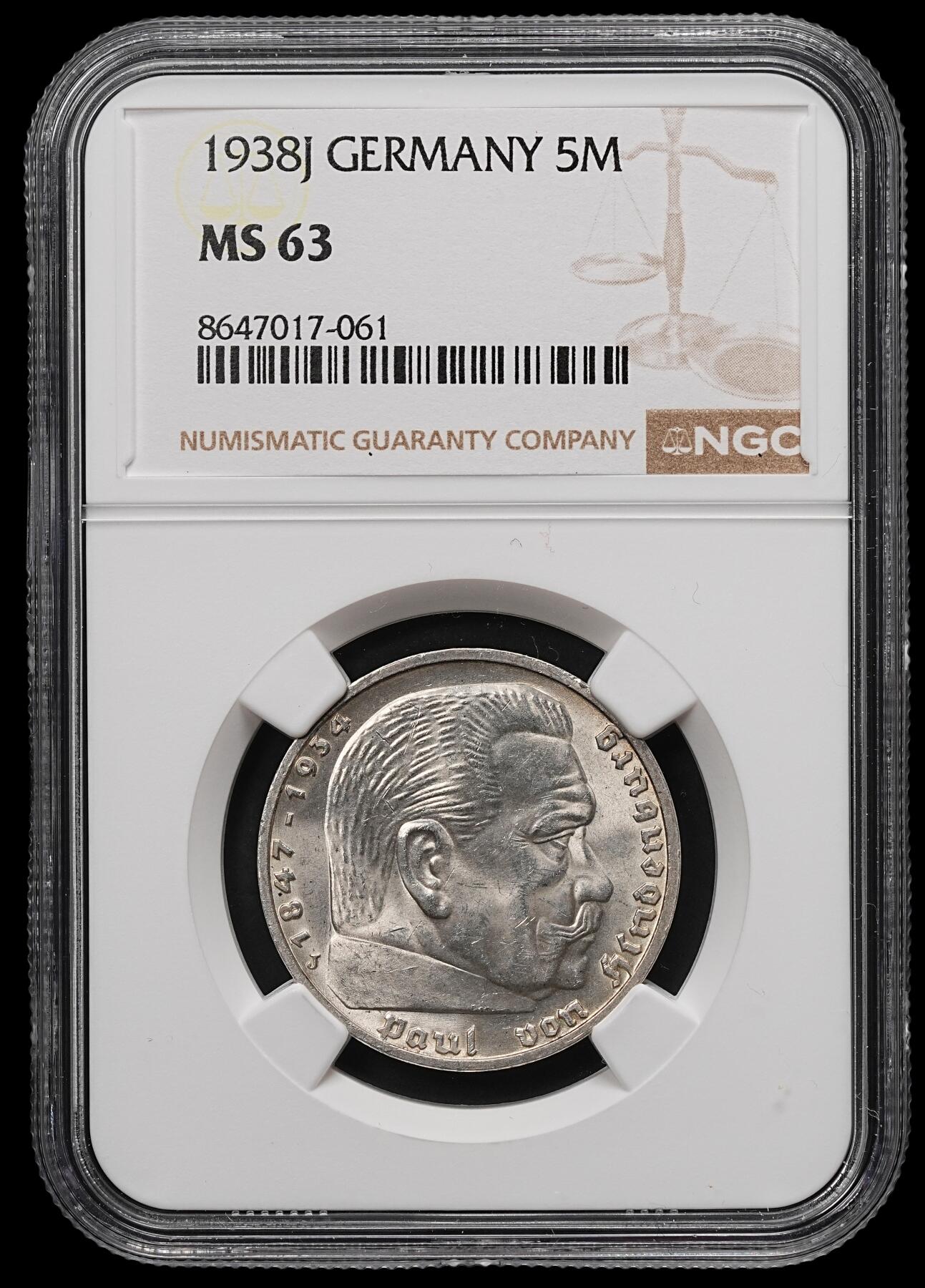 修遠堂世界钱币第107期 NGC MS63 1938年兴登堡5马克银币，J厂铭