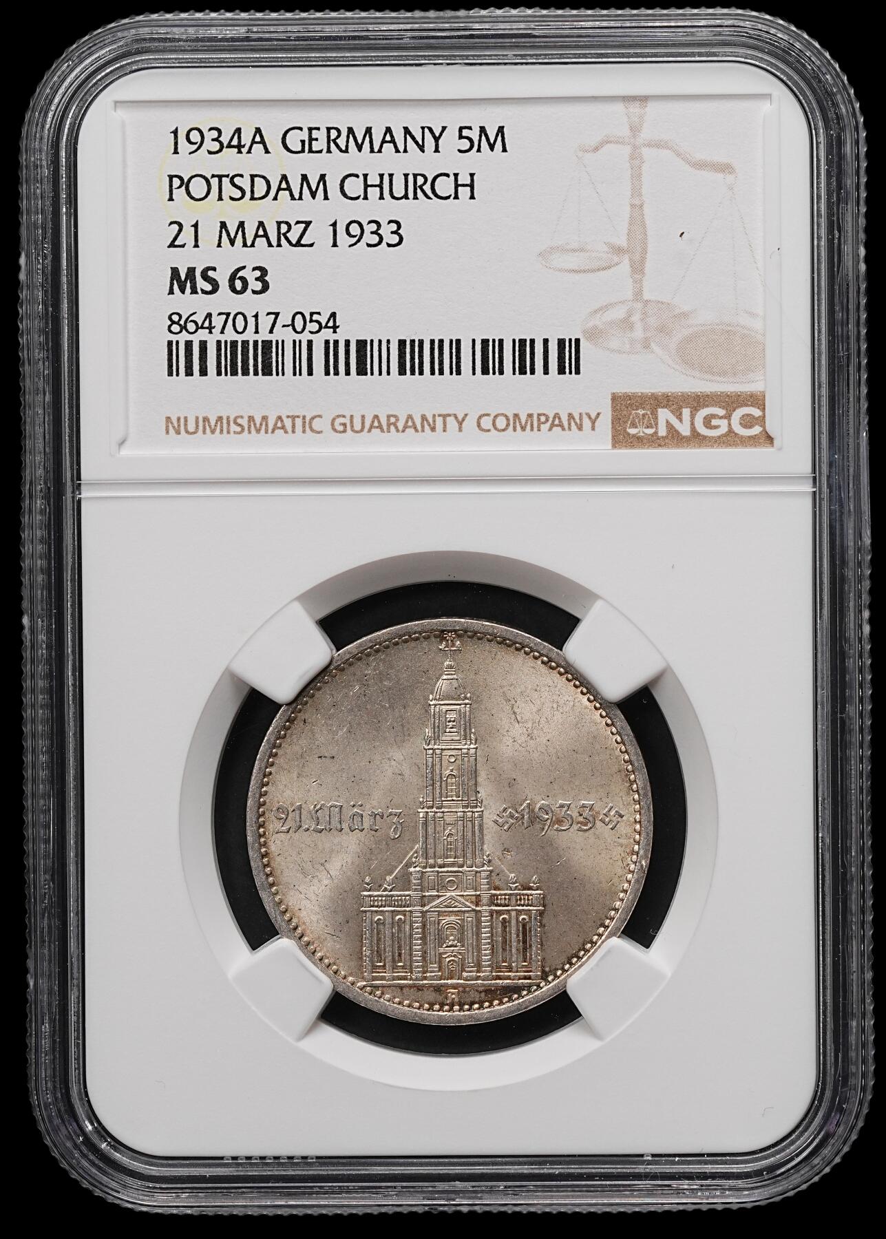 修遠堂世界钱币第107期 NGC MS63 1934年德国教堂5马克银币，少见加字版，A厂铭