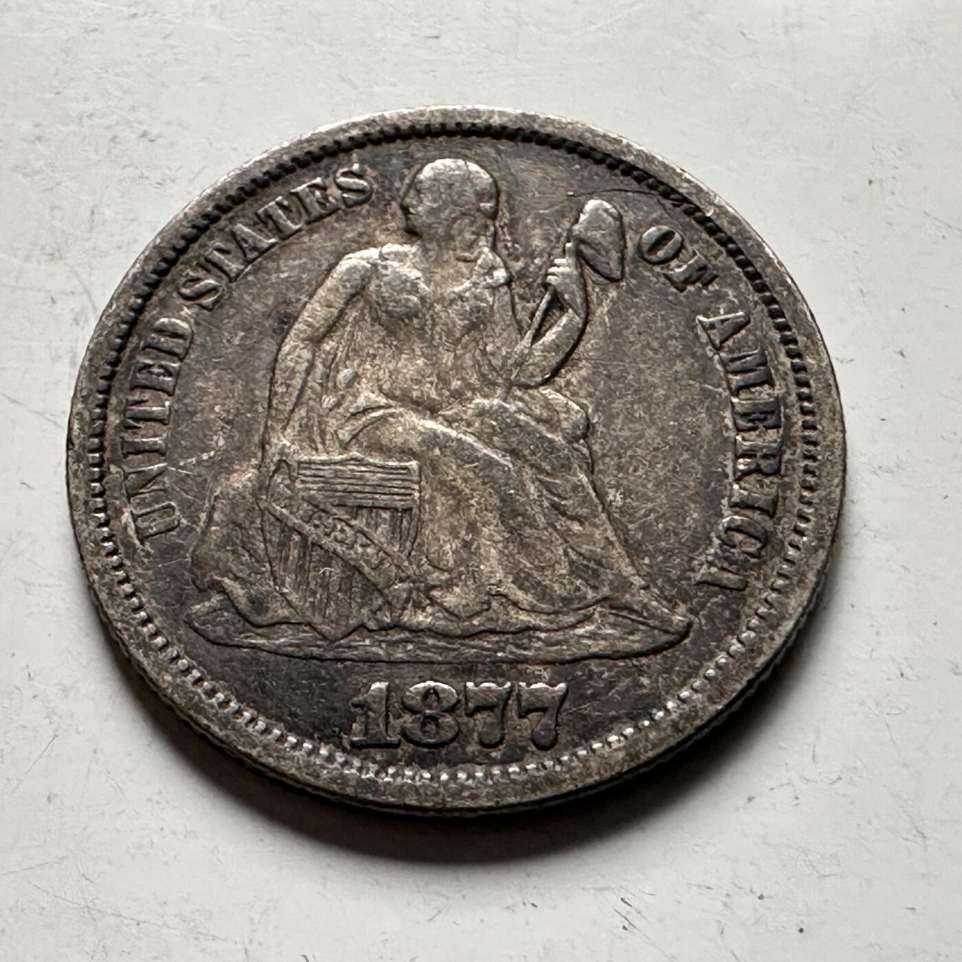 🌹外币初藏🌹🐯2026年第28场   每周二四六晚8️⃣点 接代拍 美国1877年坐姿自由女神10美分银币 17.9mm 2.49g-含银量90%