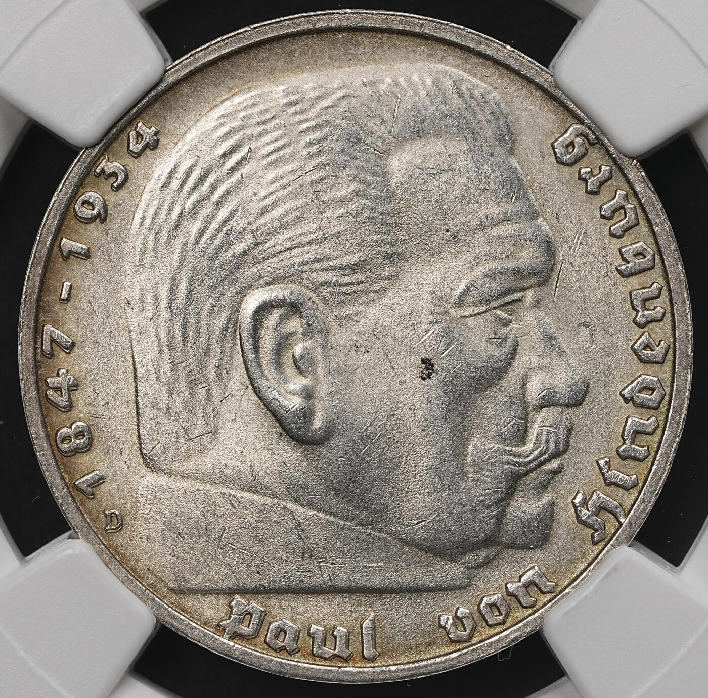 修遠堂世界钱币第107期 NGC MS64 1938年兴登堡5马克银币，D厂铭
