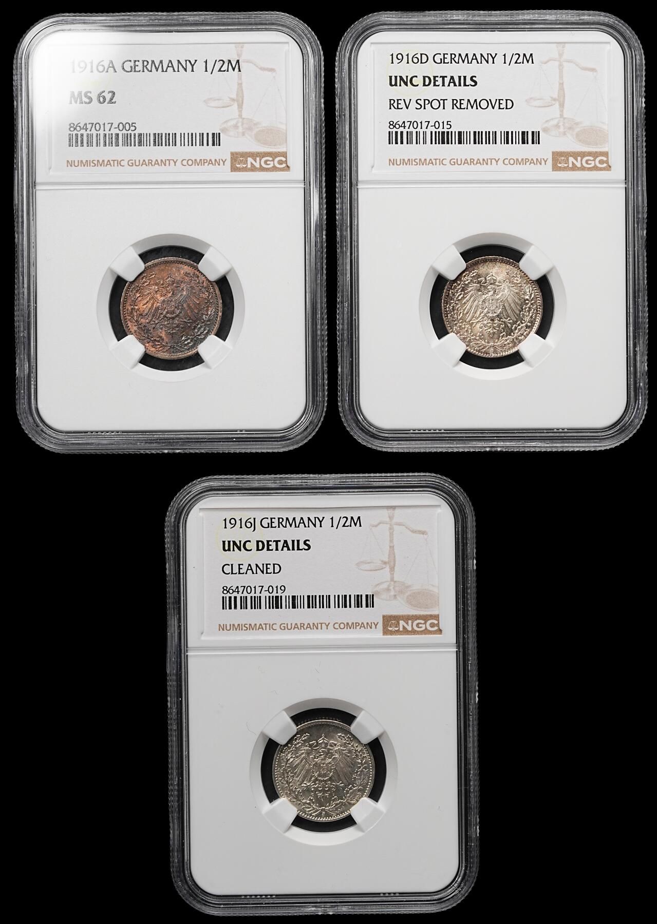 修遠堂世界钱币第107期 NGC评级 德国1/2马克3枚