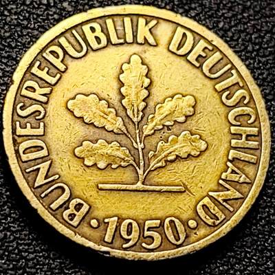 泉币菌-第208场-拍品多 请提前出价 - 联邦德国1950年 10芬尼硬币 橡树麦穗  银行版 21.5mm