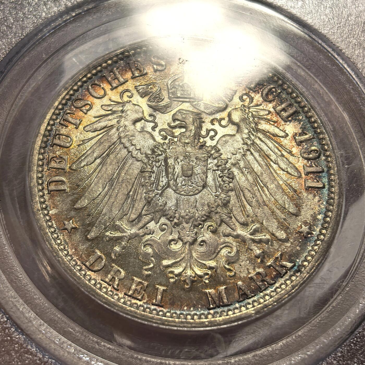 博洋堂世界钱币拍卖第164期（全场包邮） PCGS MS66 德国符腾堡1911年银婚纪念3马克银币，背面极美环五彩包浆